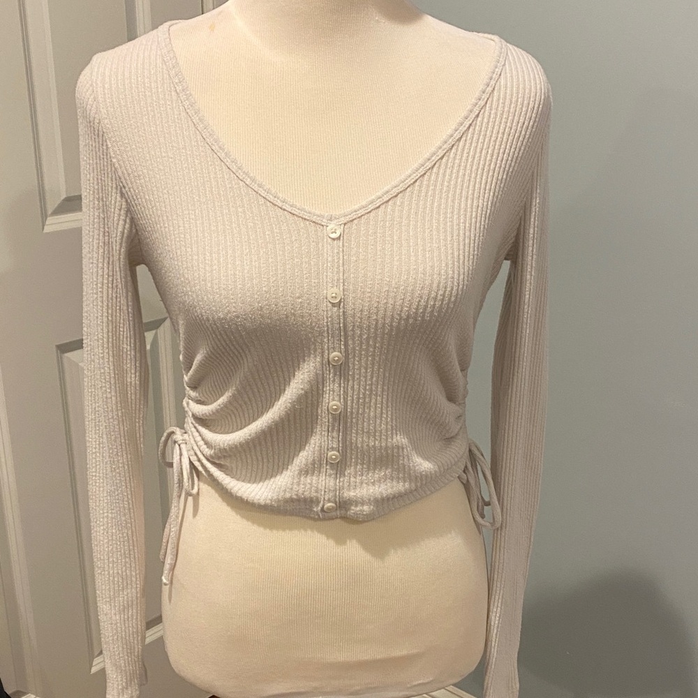Hollister Cream Ribbed Button-Down Top